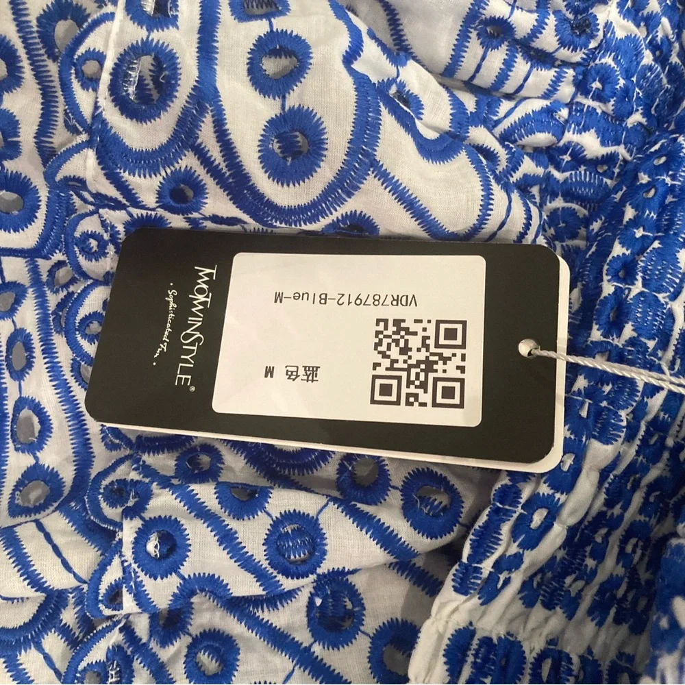 Blue White Eyelet Smocked Drop Waist Dress. Never worn. New with tags. - Picture 5 of 5